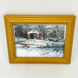 Luke Buck Winter Landscape Art Print Gold Frame Sleigh Covered Bridge 8.5x6.5